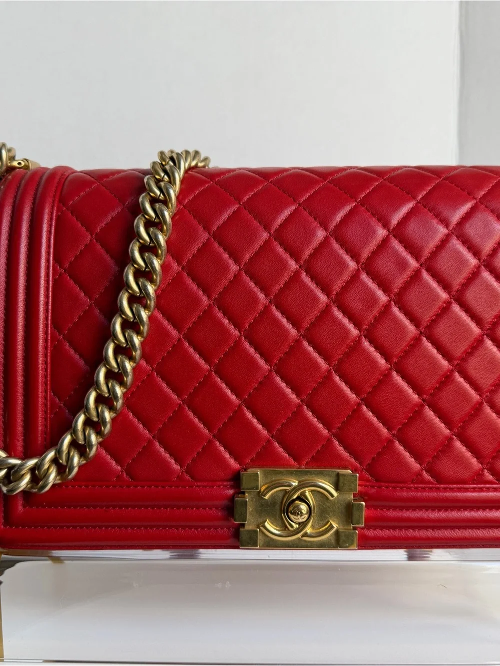 CHANEL Red Quilted Leather Medium Boy